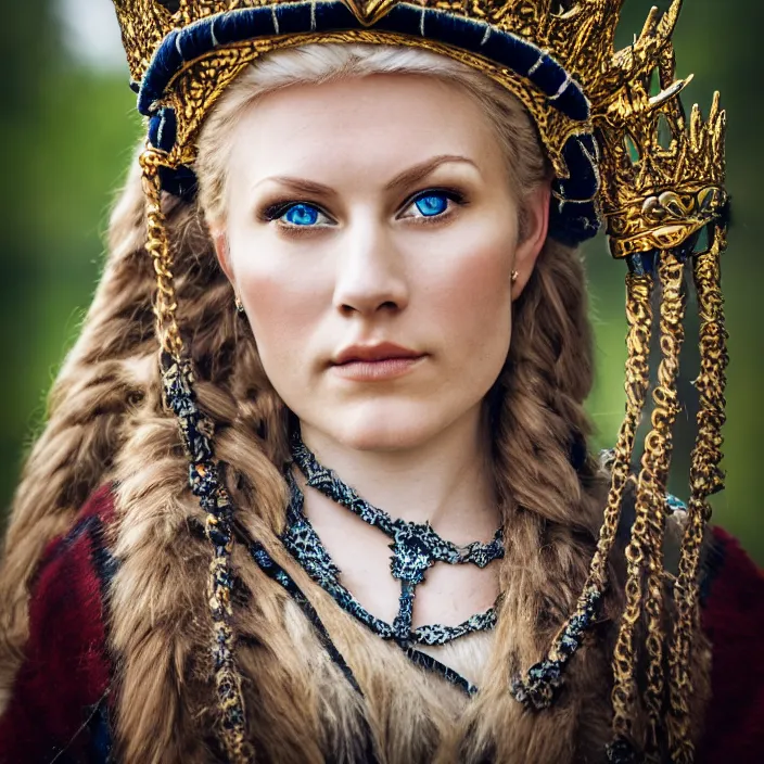 Prompt: photograph of a very beautiful nordic queen, with ornate cloack, extremely detailed. dslr. 8 5 mm.