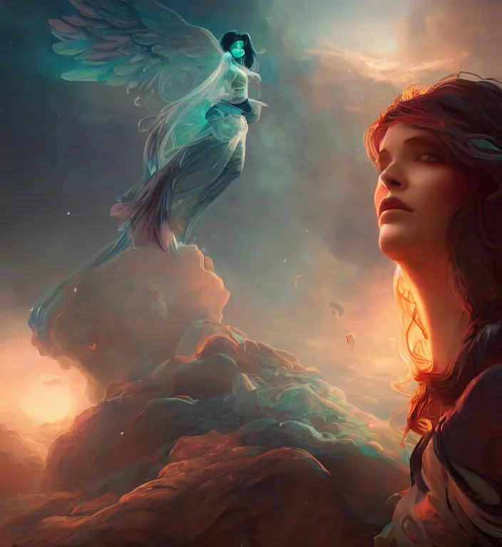 Prompt: centered waist up portrait photography an angel + bokeh + DOF + 8k, photorealistic + rendered in unreal engine + colors and composition by Peter Mohrbacher + line work by Dan Mumford , ultra realistic + backlit