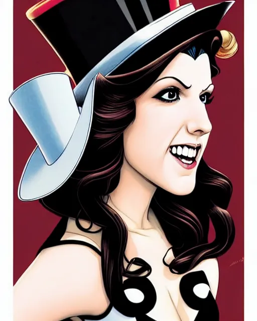 Image similar to beautiful Anna Kendrick Zatanna DC Comics floating on stage, wearing a top hat, symmetrical face symmetrical eyes, smiling, intricate details, atmospheric, art by eiichiro oda, Joshua Middleton art