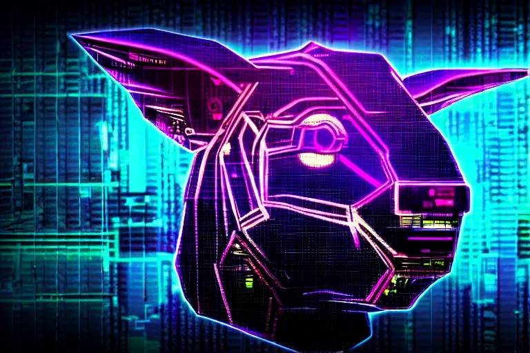 Image similar to complex cyberpunk machine background merged with evil cybernetic goat head in center focus, multicolored digital art