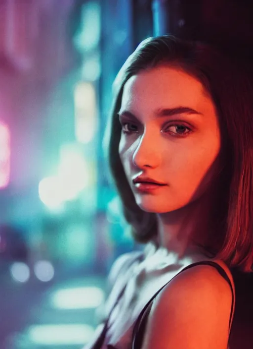 Prompt: A hyper realistic and detailed head portrait photography of young brunette female on a futuristic street. by David Dubnitskiy. Neo noir style. Cinematic. neon lights glow in the background. Cinestill 800T film. Lens flare. Helios 44m