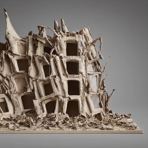 Prompt: an architectural model of a twisted apartment building that looks like eroded driftwood on a table on display in a contemporary art gallery, uncanny, liminal spaces, incredulous, beautiful, bokeh, studio lighting, light box