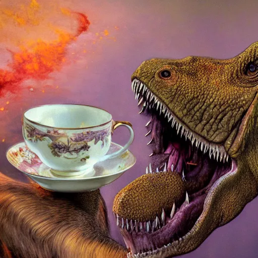 Image similar to long shot of tyrannosaurus rex sitting in a romantique tea cup, by esao andrews, by m. w. kaluta, harmonic composition, volumetric light, fresh colors, humorous oil painting, realistic reflections, smooth, concept art, depth perception, high depth of field, 4 k, unreal engine 5, ultradetailed, hyperrealistic, trending on artstation