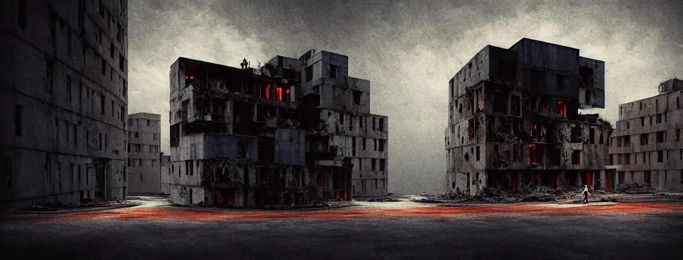 Prompt: abandoned city + a lone man + (((school of fish flying in the sky))) + (((habitat 67))), Mads Berg, Karolis Strautniekas, film noir, textured light, dramatic lighting,editorial illustration, detailed,fine texture, matte print, dark blue + dark orange, red, black, extreme perspective, volumetric light