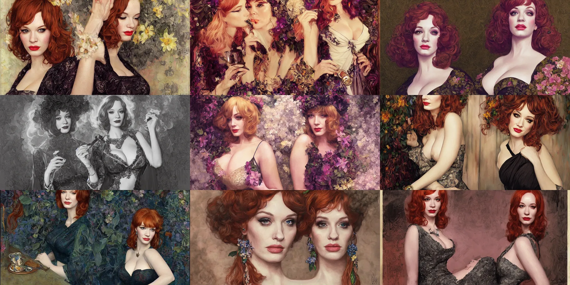 Prompt: sophisticated portrait of Christina Hendricks, 1960s flower power hippy, very smoky Paris bar, elegance, highly detailed, shallow depth of field, concept art, Artstation, Artgerm, Donato Giancola and Joseph Christian Leyendecker