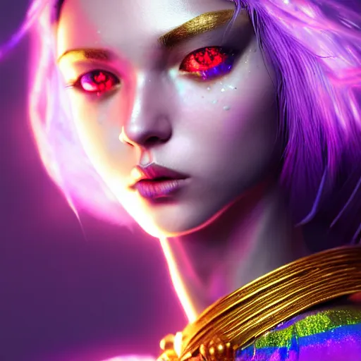 Image similar to hyperdetailed close portrait of a stunningly beautiful ukrainian girl androgynous wizard guard made of iridescent metals and shiny purple gems, bright rainbow nimbus, golden necklace, smoke background inspired by ross tran and masamune shirow and kuvshinov, concept art, intricate, photorealistic, octane render, rtx, hdr, unreal engine, dnd digital art by artgerm