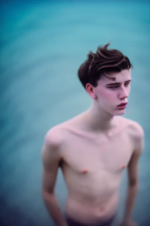 Prompt: high quality pastel coloured film mid angle docu photograph of a beautiful young 2 0 year old male, soft features, short black hair, falling in an icelandic black rock pool environment. atmospheric. three point light. photographic. art directed. ( pastel colours ). volumetric light. clearcoat. waves glitch. 8 k. filmic.