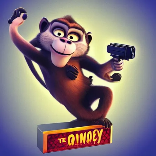 Image similar to “ logo of a monkey in the style of zootopia holding laser gun, with a black background, digital art, award winning, trending on art station, retro style ”