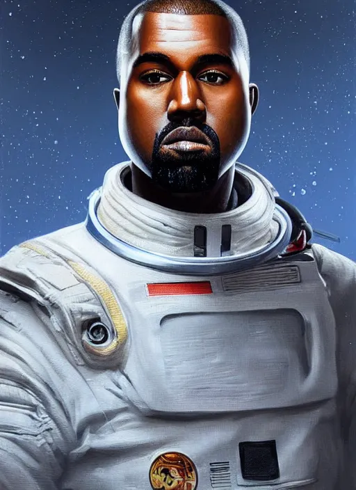 Prompt: pinted portrait of kanye west as an astronaut by greg rutkowski, he is about 3 0 years old, short blond hair, athletic and strong, straight jaw, wearing futuristic space gear, highly detailed portrait, digital painting, artstation, concept art, smooth, sharp foccus ilustration, artstation hq.