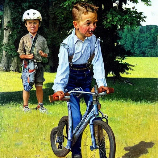 Image similar to A painting in the style of Norman Rockwell of a boy trying to learn to ride a bike. His father is holding the bike to help. The road is lined with tall trees, A farm can be seen in the background. A dog is close by