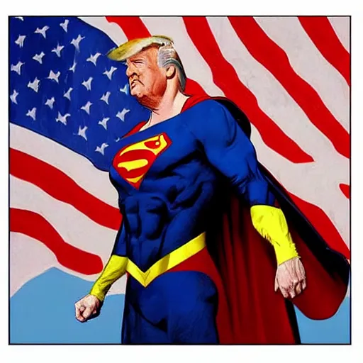 Image similar to donald trump as superman, detailed portrait, realism, 4 k, art by greg rutkowski, alphonse mucha, artistic, trending on artstation, beautiful mural