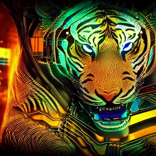 Prompt: cybernetic tiger eye, futuristic, cyberpunk, digital illustration, photo - realistic, macro, extreme details, vivid, neon, dramatic lighting, intricate details