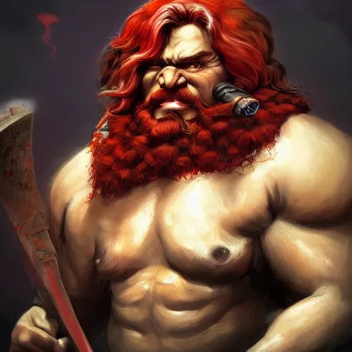 Prompt: masterpiece digital painting portrait of a ( troll slayer dwarf ), red hair, epic, cinematic lights, with an axe, by boris vallejo and samwise didier, warhammer battle, artstation, pinterest, unreal engine render, 8 k, detailed