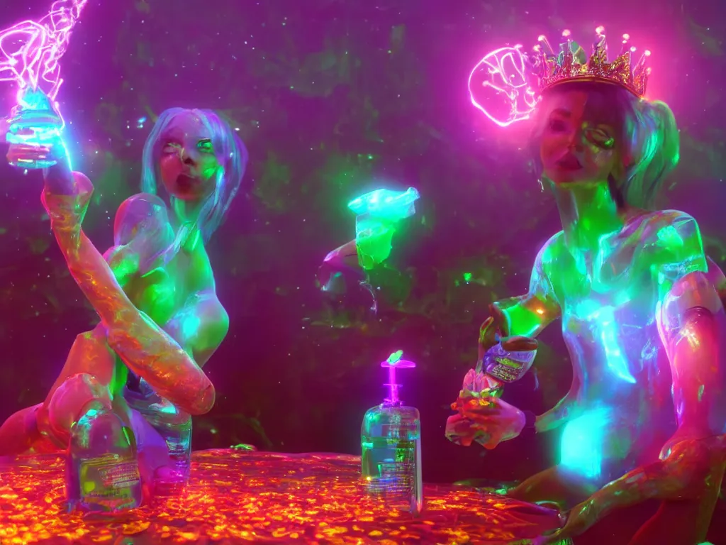 Image similar to a hyperrealistic portrait render of a beauty queen opening a bottle of glowing worms and drinking fluorescent liquid in the cosmos, unreal engine 8k