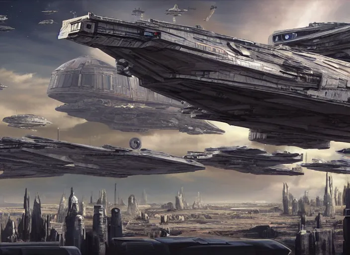 Image similar to a large spaceship seen from the surface of a busy metropolis, star wars digital art