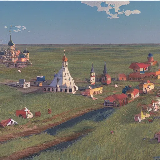 Prompt: matte painting of russian small town in the steppes by studio ghibli