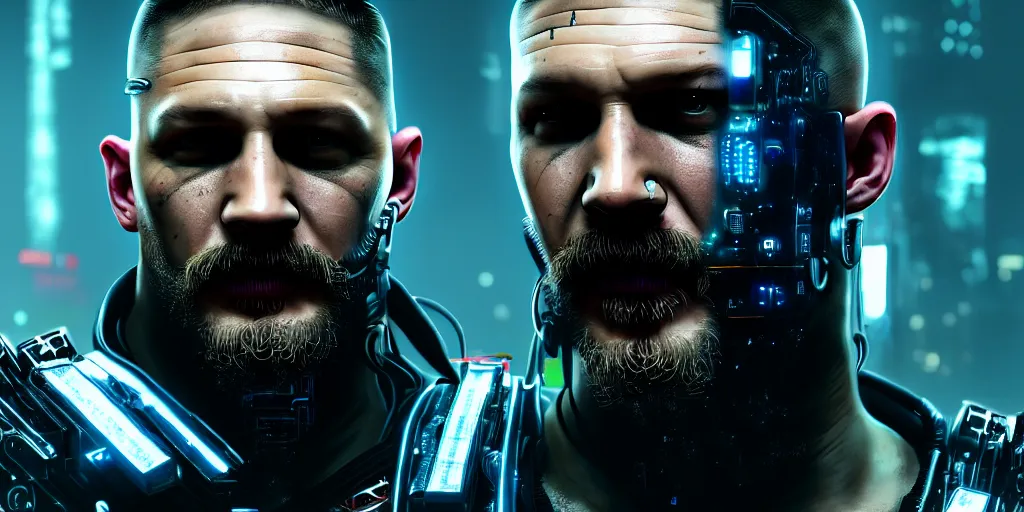 Image similar to Tom Hardy as in Cyberpunk 2077 cyborg, highly detailed digital art , trending on artstation, high quality, highly detailed