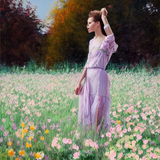 Prompt: a vogue model in a flower field, oil painting, pale colors, high detail, 8 k, wide angle, trending on artstation,