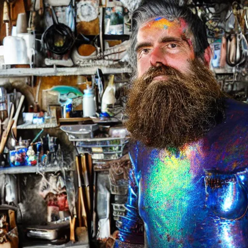 Prompt: a bearded man, painted with iridescent bodypaint, standing in his cluttered garage, he is covered with barnacles