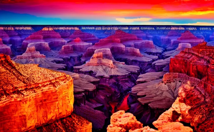 Prompt: an epic painting of the grand canyon at a colorful sunset, in the style of avatar, epic scene, extremely detailed masterpiece, extremely moody lighting, glowing light and shadow, atmospheric, shadowy, cinematic, god lighting