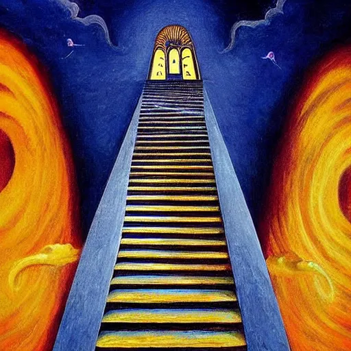 Prompt: “ stairway to heaven, oil painting by remedios varo, bright colors, epic scale ”