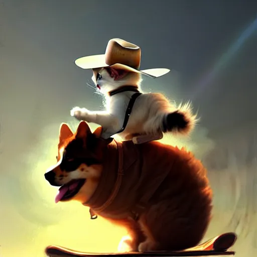 Prompt: fluffy cat in cowboy hat like a tiny girl riding on the back of a giant corgi, by greg rutkowski