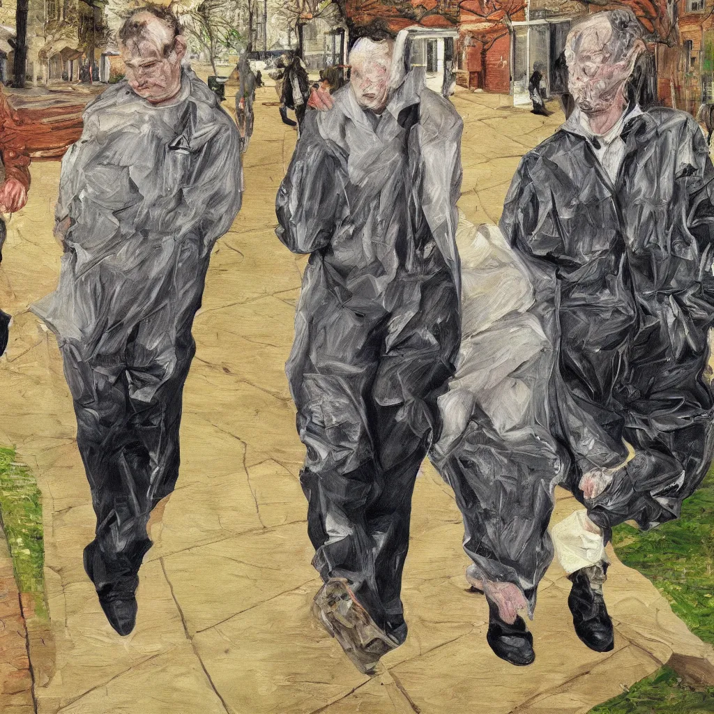 Prompt: high quality high detail painting of todd solondz walking with a friend by lucian freud and francis bacon, hd, photorealistic lighting