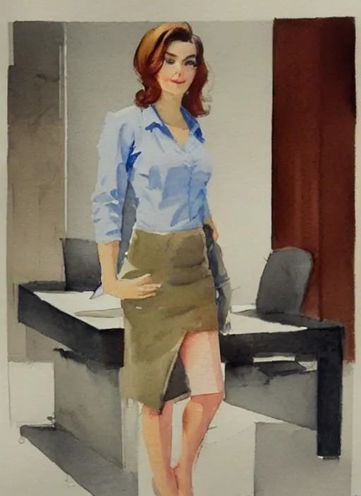 Image similar to concept art of a modern office life, young attractive business woman, pencil miniskirt, pinterest, artstation trending, behance, watercolor, by coby whitmore, silver, laser light,