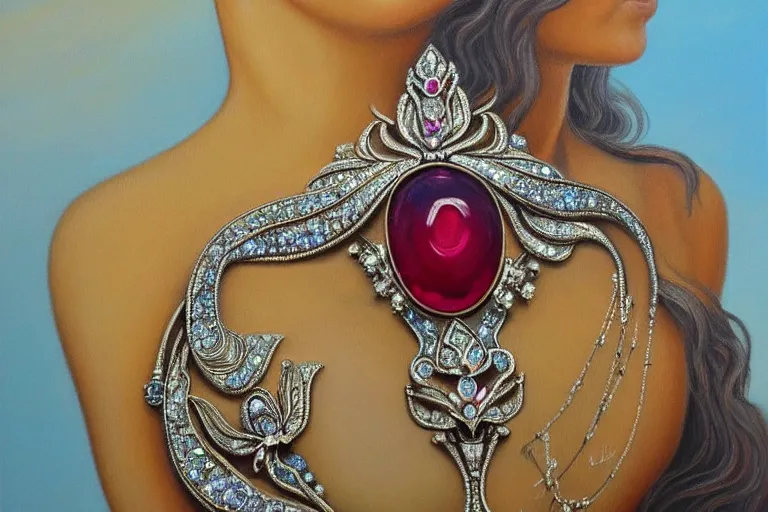 Image similar to highly detailed oil painting, front view, very realistic gemstones, art nouveau, ornate, delicate, brilliant precious gemstones necklace, necklace on display, dramatic light,