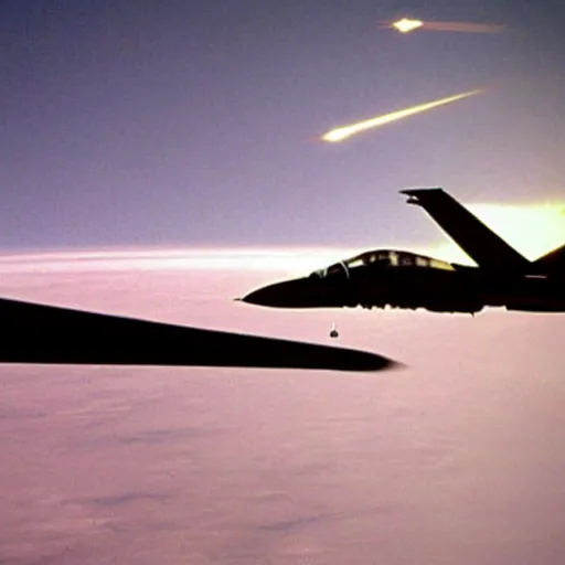 Image similar to a f 1 4 tomcat flying over the clouds chasing an ufo