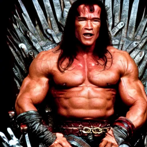 Image similar to film still of arnold schwarzenegger as conan the barbarian sitting on the iron throne