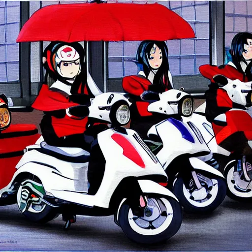 Image similar to anime painting of a japanese scooter meetup, 5 0 ccm, 7 5 ccm