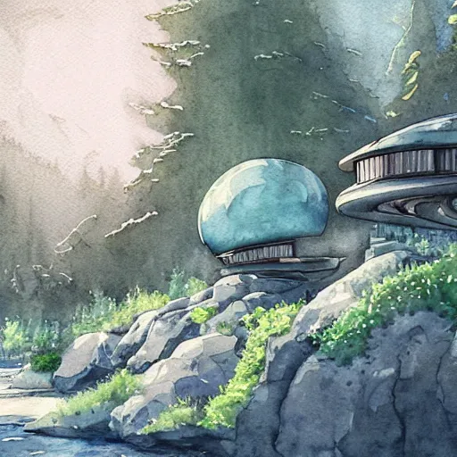 Image similar to beautiful happy picturesque charming organic sci - fi pod homes in a beautiful natural scene. water, trees and rocks. beautiful light. grainy and rough. soft colour scheme. beautiful artistic detailed watercolor by lurid. ( 2 0 2 2 )