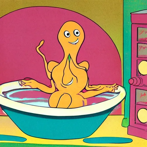 Image similar to a female anthropomorphic intestine in a bathtub, children's television show, 1974, technicolor