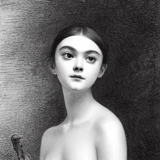 Prompt: A masterpiece head and shoulders portrait of Elle Fanning trapped in a coffin by William Adolphe Bouguereau and Junji Ito