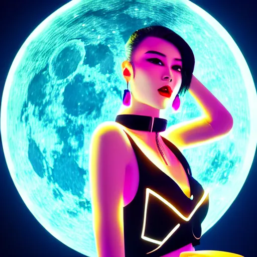 Image similar to innovative avant-garde art, deco fashion, asian women, neon lights, highly detailed, photorealistic portrait, serene night desert setting, moon light, crisp quality and light reflections, unreal engine 5 quality render