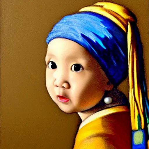 Image similar to A portrait of a lovely Asian baby girl imitating Girl with a Pearl Earring, detailed oil painting, dark background, 4k,