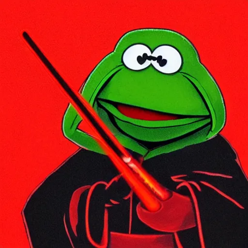 Prompt: kermit the frog as a sith lord wielding a red lightsaber, realistic