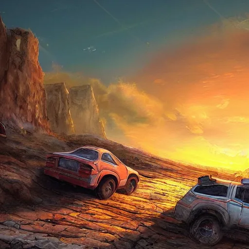 Image similar to post apocalypse scene of two cars parked on a cliff at sunset, computer art, concept art, high detail, warm colors, artstation