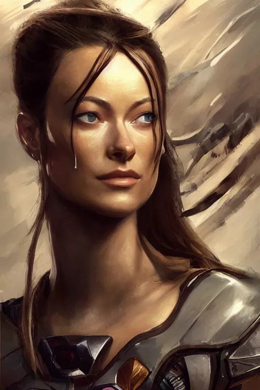 Image similar to a professional painting of a young Olivia Wilde, clothes in military armor, olive skin, long dark hair, beautiful bone structure, symmetrical facial features, intricate, elegant, digital painting, concept art, smooth, sharp focus, illustration, from StarCraft by Ruan Jia and Mandy Jurgens and Artgerm and William-Adolphe Bouguerea