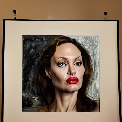 Image similar to high quality high detail painting by lucian freud, hd, angelina jolie portrait, dramatic lighting