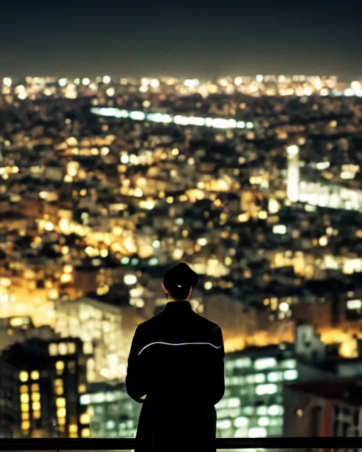 Prompt: extremely detailed night rooftop scene, close up shot of a gangster wearing a trench coat looking at the city below, 35mm, 8k, fujifilm, cinematic composition