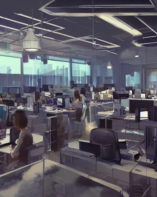 Prompt: call center in the style of the tv show, hyper realistic, ambient lighting, concept art, intricate, hyper detailed, smooth, volumetric lighting, octane