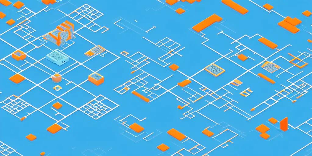 Image similar to Cloud servers, network, isometric view from above. Minimalistic design, contemporary design, infographics. Logo, Abstract Design. Blue, cyan and orange palette. Vivid, 8K, Epic, Masterpiece