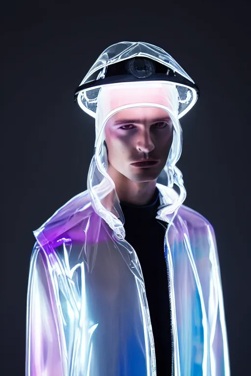 Image similar to an ultra high definition professional high fashion portrait studio full length photograph of a male model wearing a transparent pearlescent raincoat and neon visor in an icelandic black rock environment at dawn. no artefacts. extremely detailed. stark. refraction. shallow depth of field. volumetric light and shadow. ray tracing. light rays.