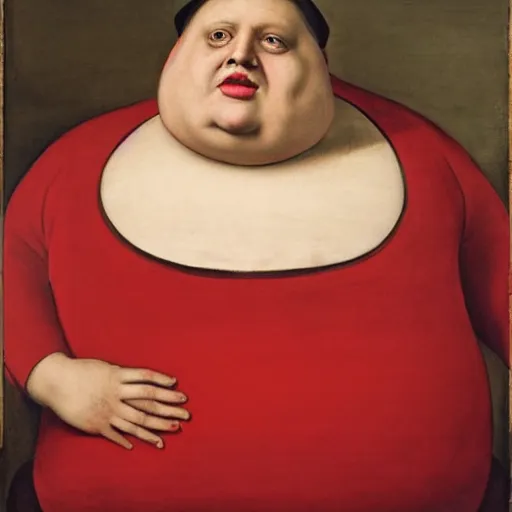 Image similar to a painting of a morbidly obese man with a red painted face wearing red clothing by Agnolo Bronzino