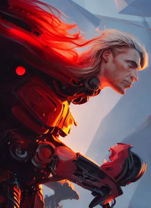 Prompt: a handsome blond genetically engineered male cyborg, super evil red and black glowing with long curly blond hair, fighting with angles, by Julian calle, wlop, Denis Villeneuve, greg rutkowski and thomas kinkade, Finnian MacManus, Syd Mead, Trending on artstation, white and yellow scheme, 8k, wide-angle lens, Unreal Engine