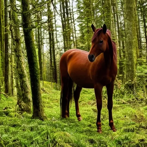 Prompt: a female horse standing in a forest