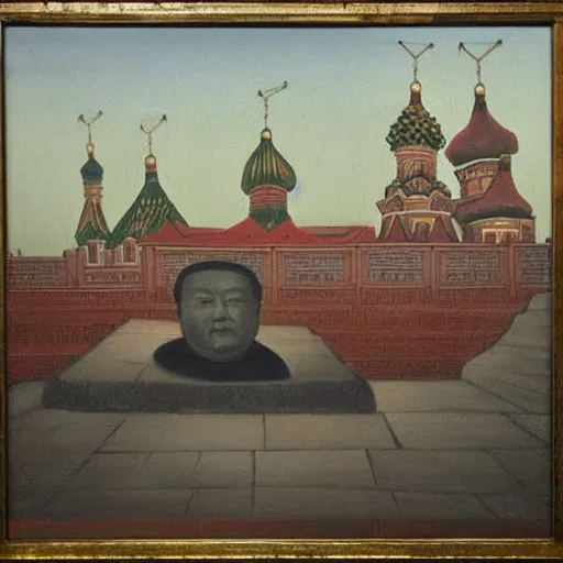 Prompt: chinese - style kremlin and chinese st. basil's cathedral on wide stone square at sawn, portrait of mao on the kremlin, gentle dawn, realistic painting