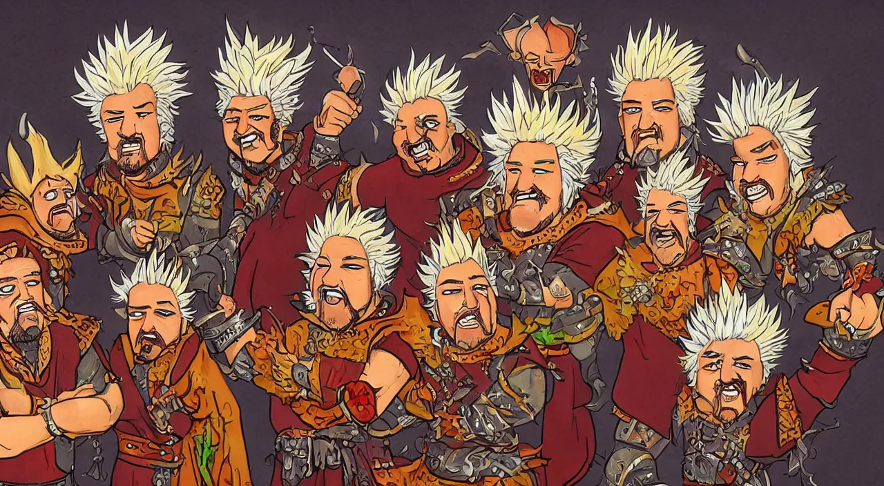 Image similar to a dungeons and dragons party of four guy fieri's, warrior fieri, mage fieri, rogue fieri, and cleric fieri, fantasy painting in the style of diego gisbert llorens